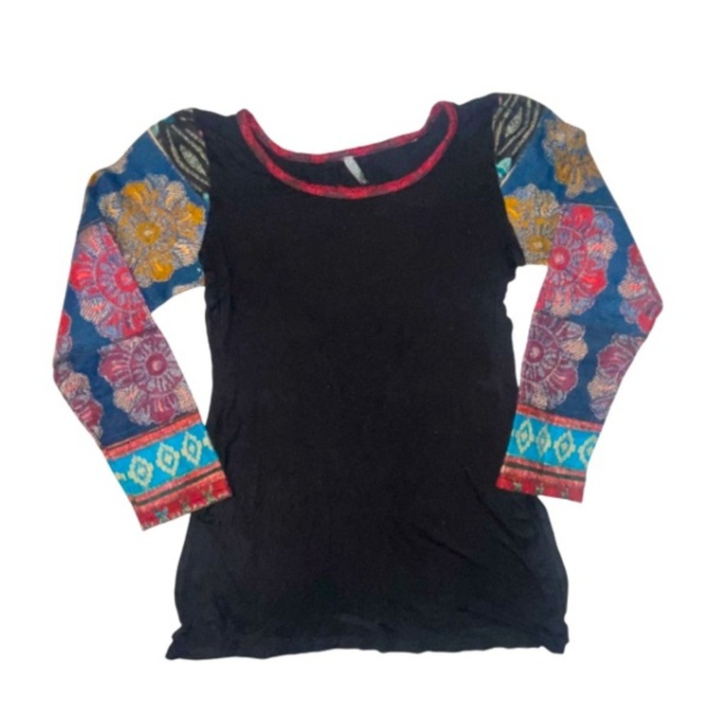 Blue Sky Boho Long Sleeve Crewneck Shirt Split Sides Mixed Fabric Size Small